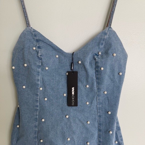 Fashion Nova Briella Pearl Light Wash Denim Mini Dress - Picture 3 of 8